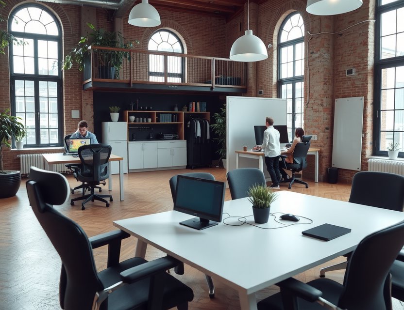 Modern office environment at PixelForge Games with developers working